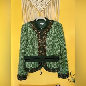 Cache Rhinestone Embellished Retro‎ Wool Blend Velvet Bow Green Jacket Size 12
